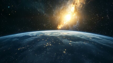 Obraz premium A breathtaking view of Earth from space, illuminated by the golden glow of a distant galaxy.