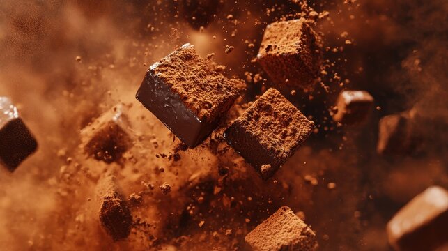 Delicious Chocolate Cubes Exploding in Cocoa Powder.