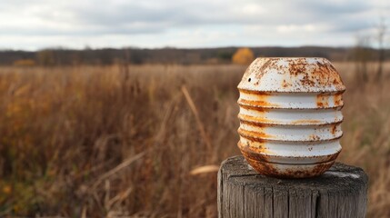 Up-Close View of a Weathered Metal Insulator on a Timber Pole, Highlighting Corrosion-Resistant Rust Prevention