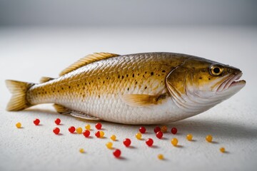 Close view of a cod raw ingredient on white blurred background. Colorful Studio shot, harsh light.