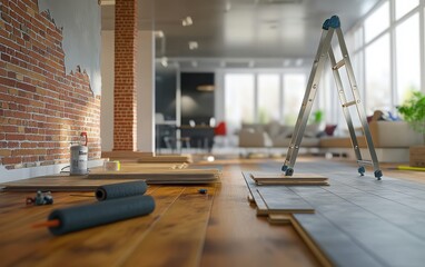 Fototapeta premium A clear and detailed photo of a home renovation scene, with wooden flooring installation underway, a brick wall, and modern furniture on a wooden floor. 
