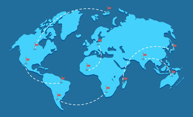World map with flag pin for airlines travel