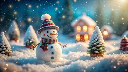 Fototapeta premium Tilt-Shift Snowman Doodle: Miniature Winter Wonderland, Cute Snowmen, Snowy Scene, Holiday Card