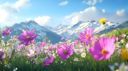Obraz premium Vibrant pink and white flowers bloom in a lush meadow, with majestic snow-capped mountains in the background.