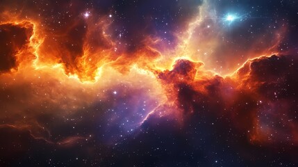Stunning cosmic landscape featuring vibrant orange and purple nebulae against a star-filled galaxy backdrop.