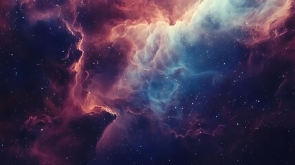 Obraz premium A vibrant cosmic nebula filled with swirling colors of deep purple, blue, and hints of orange, creating a mesmerizing galactic scene.