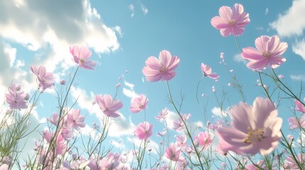 A vibrant field of pink flowers swaying gently under a bright blue sky with fluffy clouds, evoking a sense of calm and beauty.