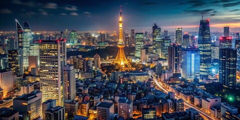 Obraz premium Tokyo Night Skyline: Stunning Cityscape Panoramic View at Night