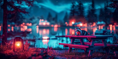Fototapeta premium Night Raccoon Picnic Table Scene Lake Lights Wildlife