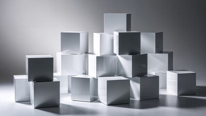 無作為に配置された白い立方体が生み出すシンプルでありながら奥深い背景デザイン画像。生成AI