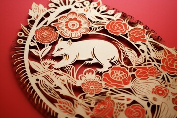 Fototapeta premium Intricate laser cut wooden artwork depicting a possum amidst a floral design, set against a vibrant red backdrop