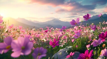 Obraz premium A vibrant field of pink flowers at sunset, surrounded by majestic mountains creating a serene and picturesque landscape.
