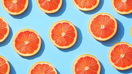 Vibrant orange slices arranged beautifully on a light blue background for a fresh and cheerful display.