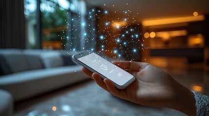 Smart home efficiency hand holding smartphone with power usage app and wifi connectivity in modern house