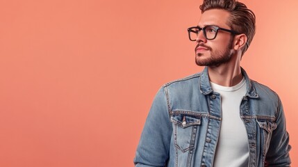 Fototapeta premium A stylish man wearing a denim jacket and trendy glasses, confidently posing against a clean peach background, his modern look enhanced by soft, natural lighting
