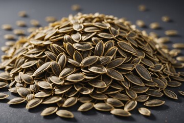 Obraz premium Close view of a sunflower seeds raw ingredient on gray blurred background. Colorful Studio shot, harsh light.