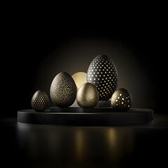 Obraz premium Black Easter eggs with gold geometric patterns, luxury holiday concept for high-end retail displays and elegant seasonal decor. Perfect for upscale department stores, designer boutiques and premium 