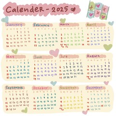 Cute colorful Internasional Calendar 2025 for printed calendar