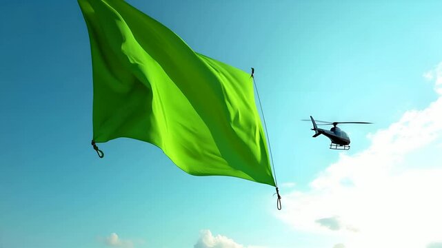 Aerial View of Flying Military Helicopter Near Large Green Flag Banner Waving in Blue Sky with White Clouds -  Aviation and Advertisement Concept Animation