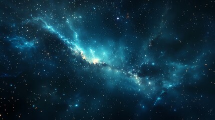 Obraz premium A stunning cosmic view of a vibrant galaxy, showcasing swirling blue and teal hues against a backdrop of twinkling stars.