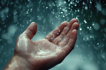 Fototapeta premium Captivating moment of a hand catching raindrops urban environment close-up photography rainy day serene viewpoint embracing nature's beauty
