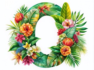 Naklejka premium Tropical Floral Watercolor Design Featuring Numeric 0, Vibrant Colors and Lush Botanicals, Ideal for Nature-Inspired Artworks and Creative Projects