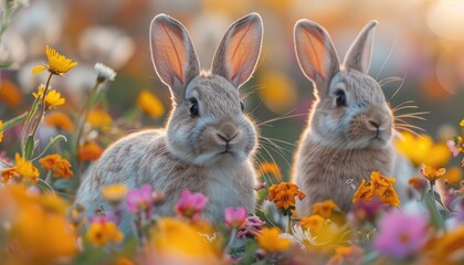 Naklejka premium Two adorable bunnies nestled amongst colorful wildflowers