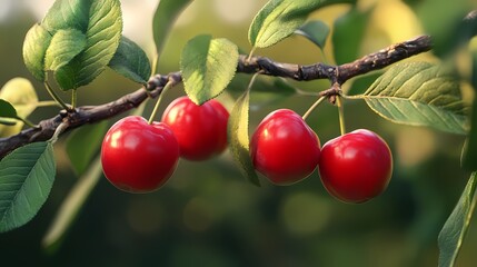 Obraz premium Vibrant red cherries hanging on a lush green branch, glistening in the warm sunlight.