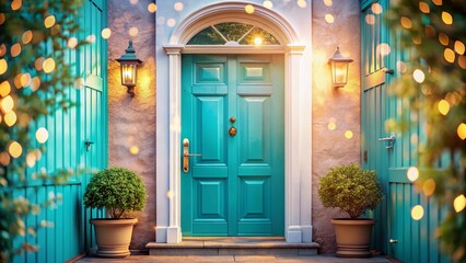 Obraz premium Turquoise Blue Front Door Bokeh Photography - Stunning Exterior Home Entrance Images