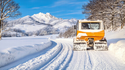 Snow groomer clearing a snowy road in the mountains