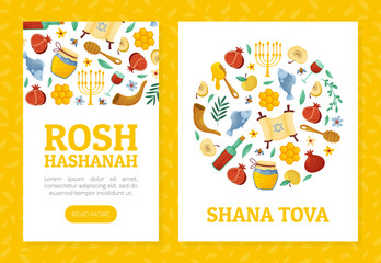 Fototapeta premium Shana Tova Banner Design with Symbols of Jewish Holiday Vector Template