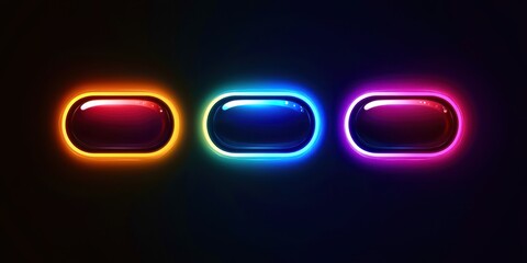 Three glowing buttons are shown in a black background