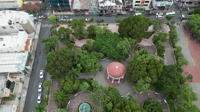 Aerial view of Parque Marcos A. Cabral in the lively city center of Ban&iacute; on the south coast of the Dominican Republic