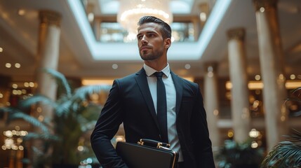 Fototapeta premium Confident Young Businessman in Elegant Hotel Lobby Environment