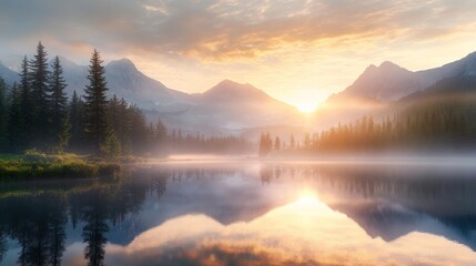 Fototapeta premium A Serene Mountain Lake at Sunrise