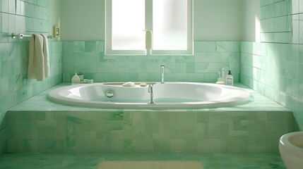 Fototapeta premium Serene Modern Bathroom with Soothing Green Tiles and Natural Light