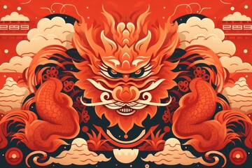 Fototapeta premium Majestic chinese dragon illustration with fiery hues, intricate details, and traditional cloud motifs, perfect for cultural celebrations