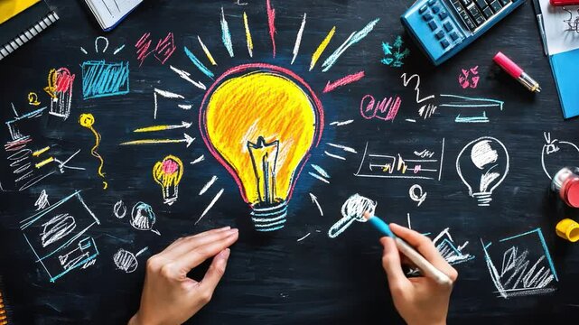 A person is drawing a light bulb on a blackboard with a pencil