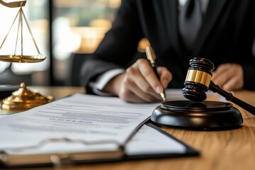 Legal Process with Gavel, Scales, and Document on Office Table - obrazy, fototapety, plakaty