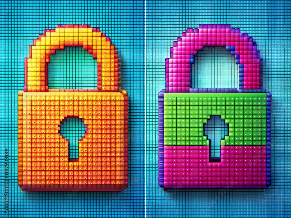 Poster unlocked padlock design featuring pixelperfect linear style on dual grids of 32x32 and 24x24 pixels 