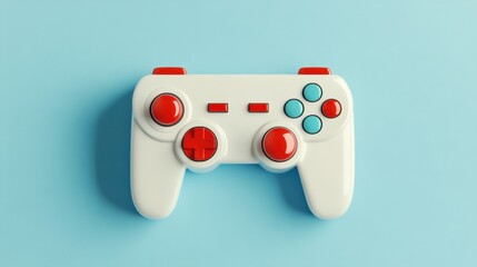 A vibrant gaming controller with red and blue buttons rests on a light blue background, representing modern gaming experiences.
