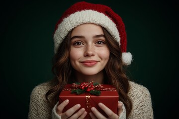 Isolated white brazilian young woman in red xmas hat with holiday season box in hands, on green background. Copy space. Santa hat design. Christmas kid crafts. Studio santa claus.