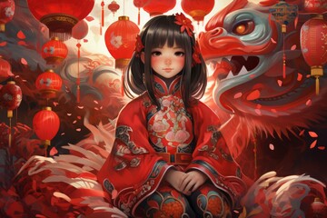 Fototapeta premium Beautiful young woman in traditional attire celebrating chinese new year surrounded by red lanterns and a dragon head