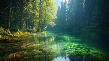 Obraz premium A serene forest clearing with a crystal-clear lake
