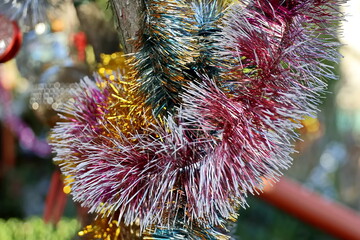 Happy New Year.Christmas tree decorations and toys for fir trees covered with snow and ice. Close-up. Merry Christmas.2024.