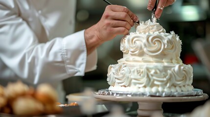 A pastry chef decorates a white cake with frosting.