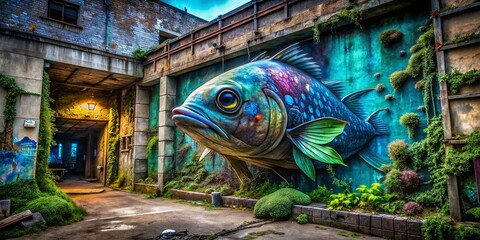 Fototapeta premium Urban Exploration: Blobfish Graffiti, Abandoned Building, Decaying Structure, Surreal Photography