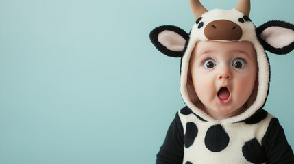 Adorable Baby in Cute Cow Costume with Surprised Expression Against Soft Blue Background for Playful and Cheerful Mood