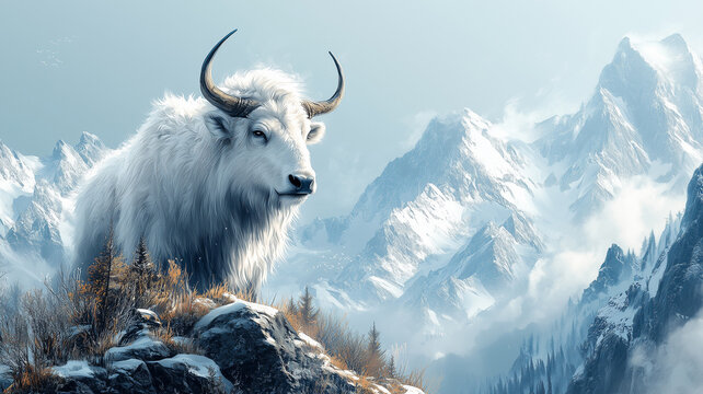 Magnificent pacific yak with big horn and hairy white fur standing on rock with high snowy mountain peaks in background.. Generative AI