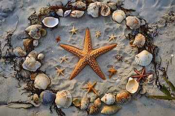 Starfish and Seashells on a Sandy Beach